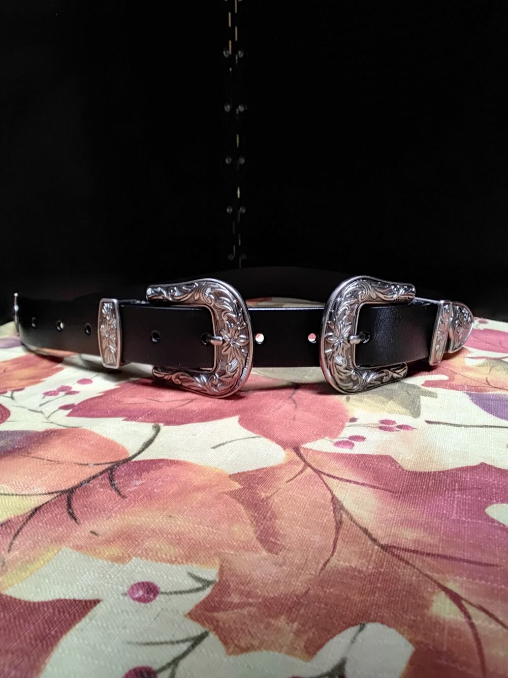 Womens double Buckle Country Western Belt Black with silver engraved floral